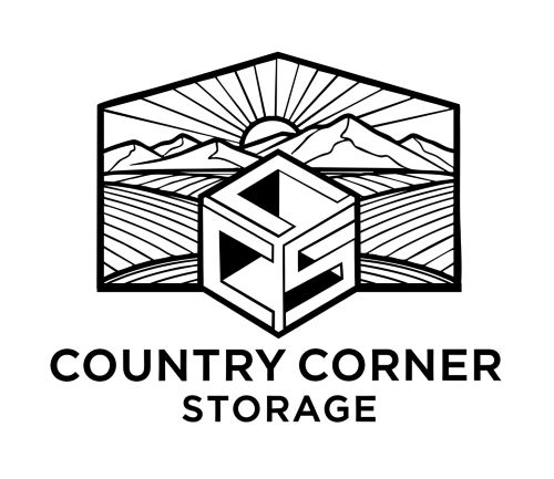 A black and white image of a logo for Country Corner Storage.